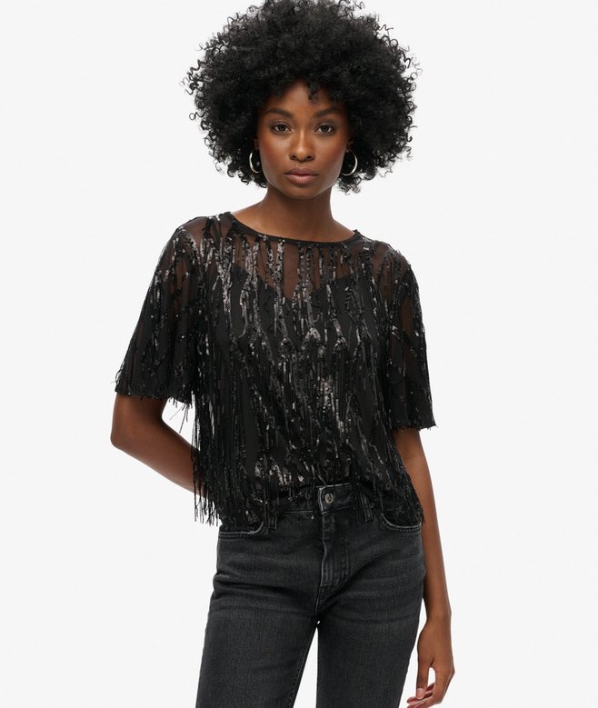 superdry Top de manga corta transparente con lentejuelas