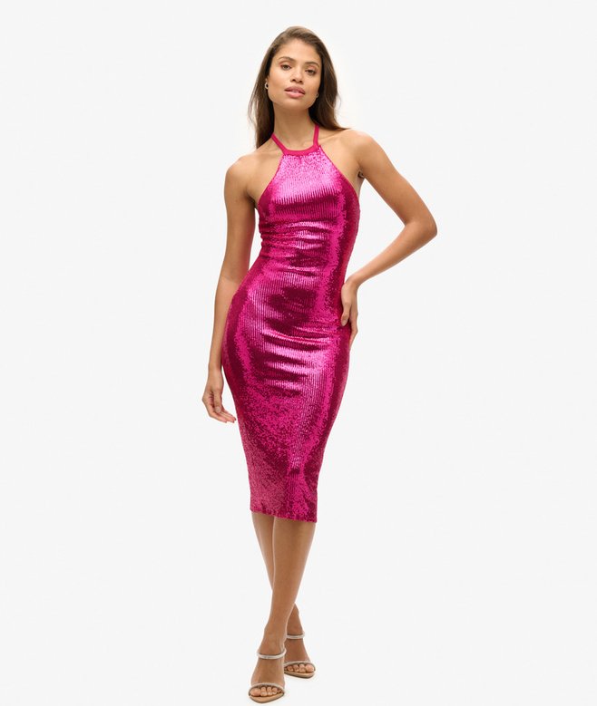 superdry Vestido midi con escote halter de lentejuelas