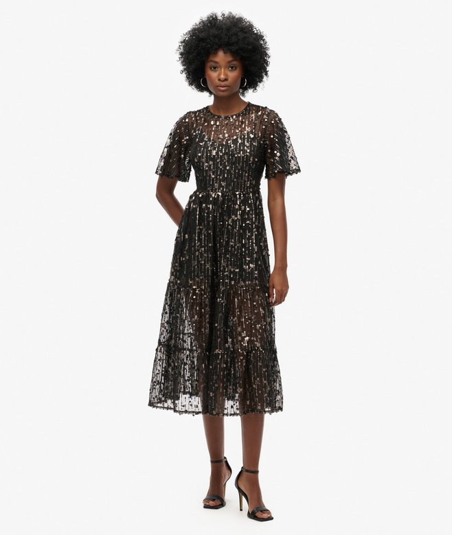 superdry Vestido midi de malla escalonado con volumen