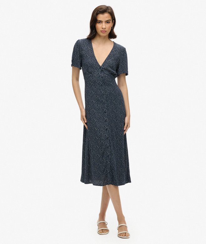superdry Vestido midi de té de manga corta con estampado y botones