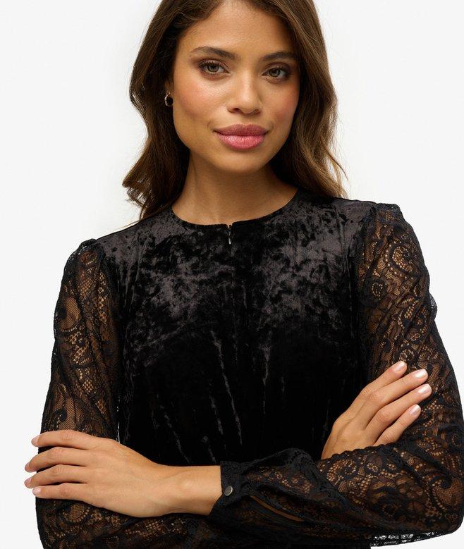 Superdry Vestido Midi De Terciopelo Con Encaje En La Manga