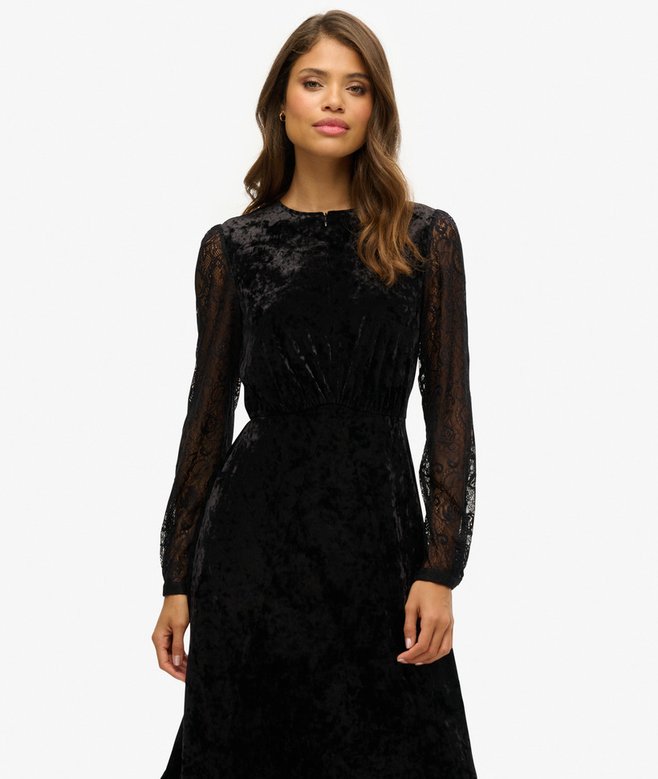 Superdry Vestido Midi De Terciopelo Con Encaje En La Manga