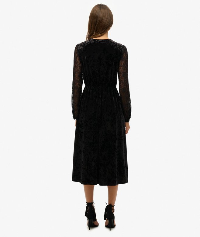 Superdry Vestido Midi De Terciopelo Con Encaje En La Manga