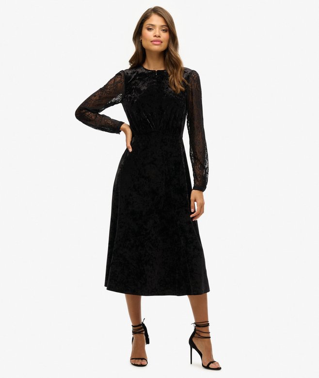 superdry Vestido midi de terciopelo con encaje en la manga