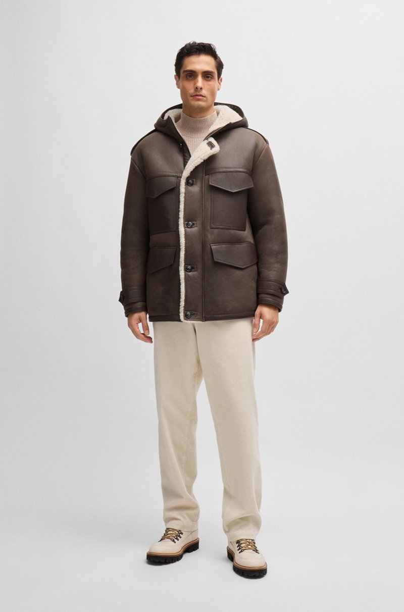 Hugo Boss Abrigo Regular Fit Con Capucha En Piel De Oveja Con Bolsillos Cosidos