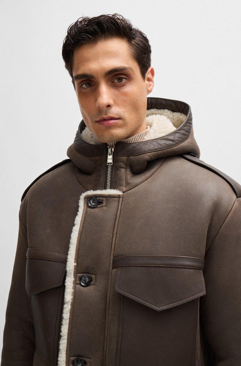 Hugo Boss Abrigo Regular Fit Con Capucha En Piel De Oveja Con Bolsillos Cosidos