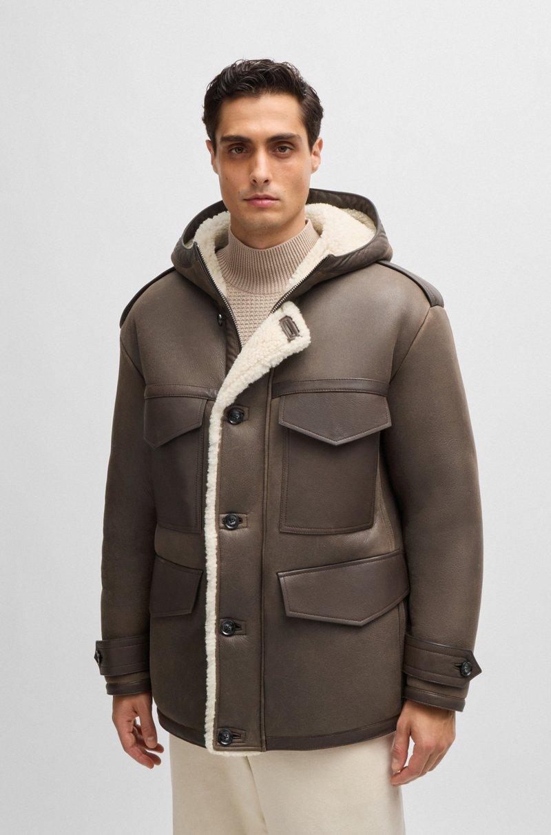 Hugo Boss Abrigo regular fit con capucha en piel de oveja con bolsillos cosidos