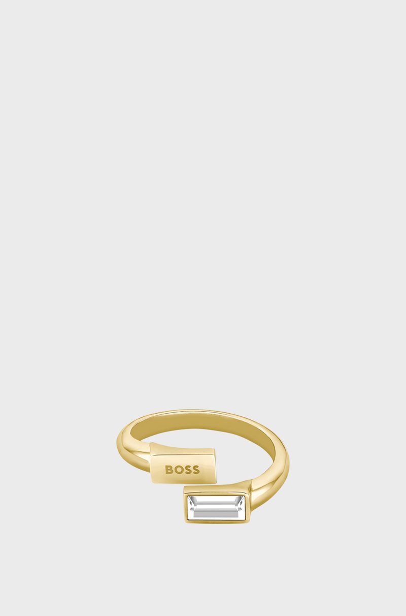 Hugo Boss Anillo En Tono Dorado Con Logo Y Cristal Con Corte Baguette