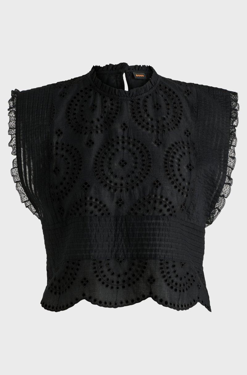 Hugo Boss Blusa regular fit en algodón con bordado y detalles plisados