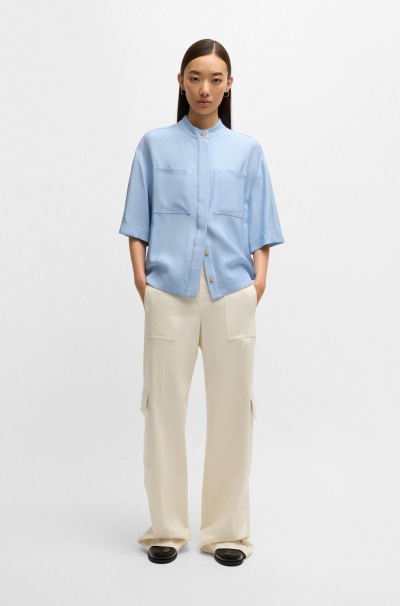 Hugo Boss Blusa Relaxed Fit En Sarga Suave Con Cuello Alto