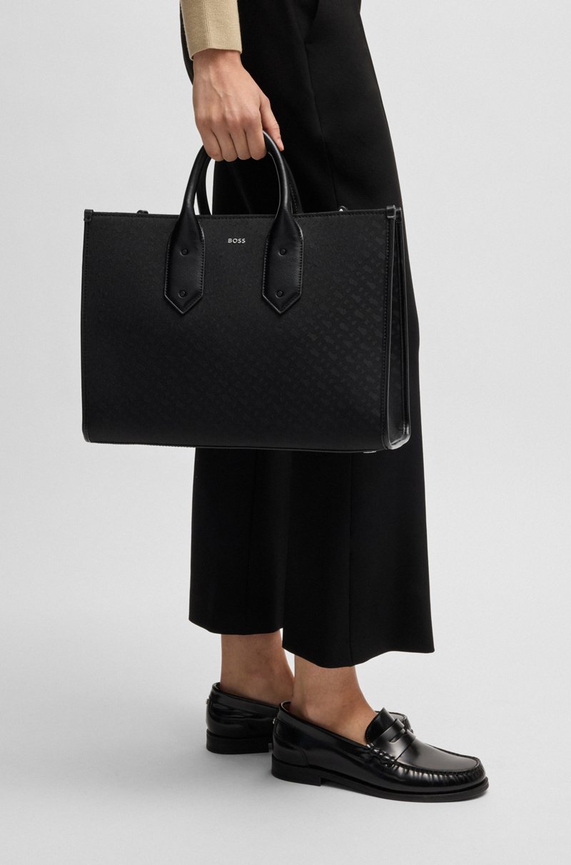 Hugo Boss Bolso Tote De Sarga Con Monogramas Y Ribetes De Piel Sintética