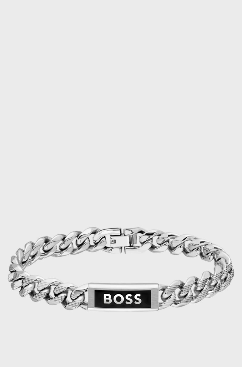 Hugo Boss Brazalete de cadena plateada con placa con logo Hugo Boss Brazalete de cadena plateada con placa con logo