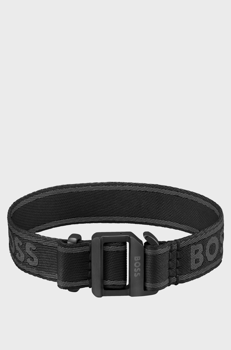 Hugo Boss Brazalete de correa con logo tejido en negro y hebilla ajustable