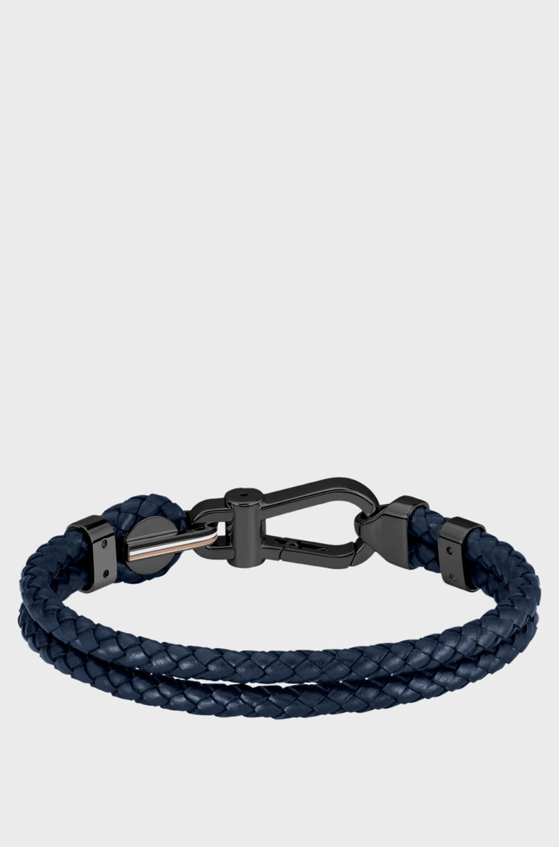 Hugo Boss Brazalete De Piel Trenzada Azul Con Cierre De Mosquetón Negro