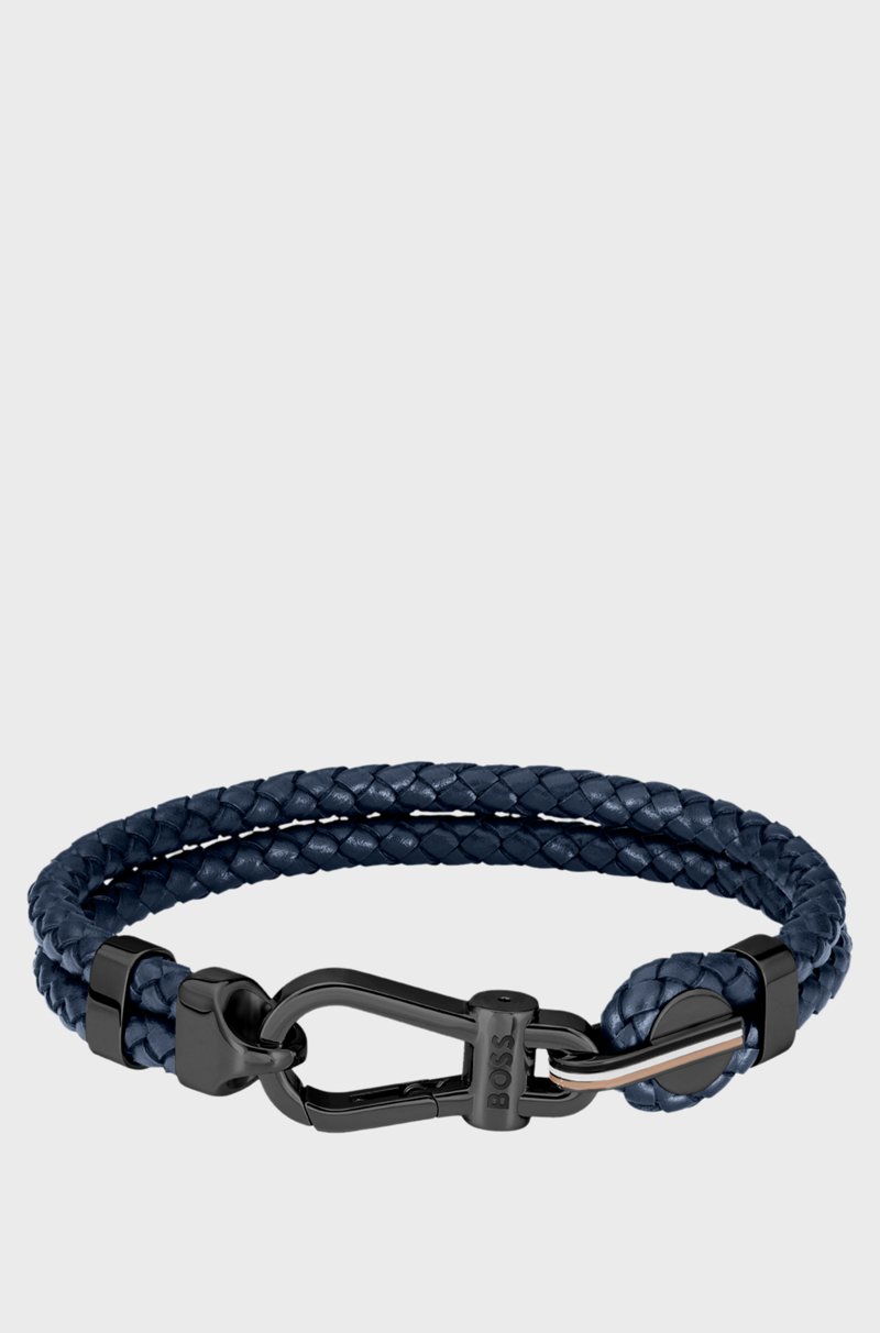 Hugo Boss Brazalete de piel trenzada azul con cierre de mosquetón negro