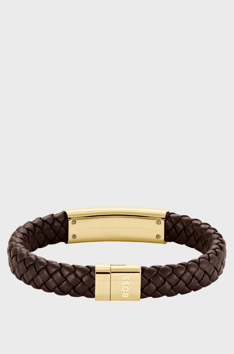 Hugo Boss Brazalete De Piel Trenzada Marrón Con Placa Dorada Con Logo