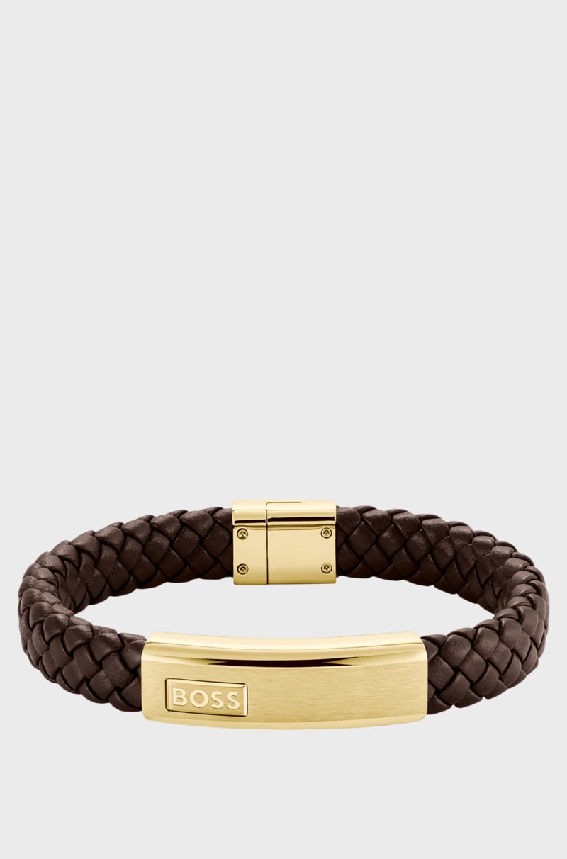 Hugo Boss Brazalete de piel trenzada marrón con placa dorada con logo