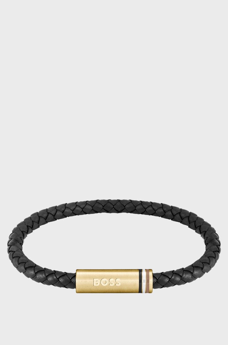 Hugo Boss Brazalete De Piel Trenzada Negra Con Logo En El Cierre Magnético Geométrico