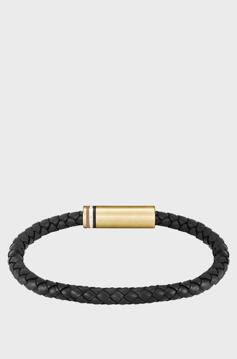 Hugo Boss Brazalete De Piel Trenzada Negra Con Logo En El Cierre Magnético Geométrico