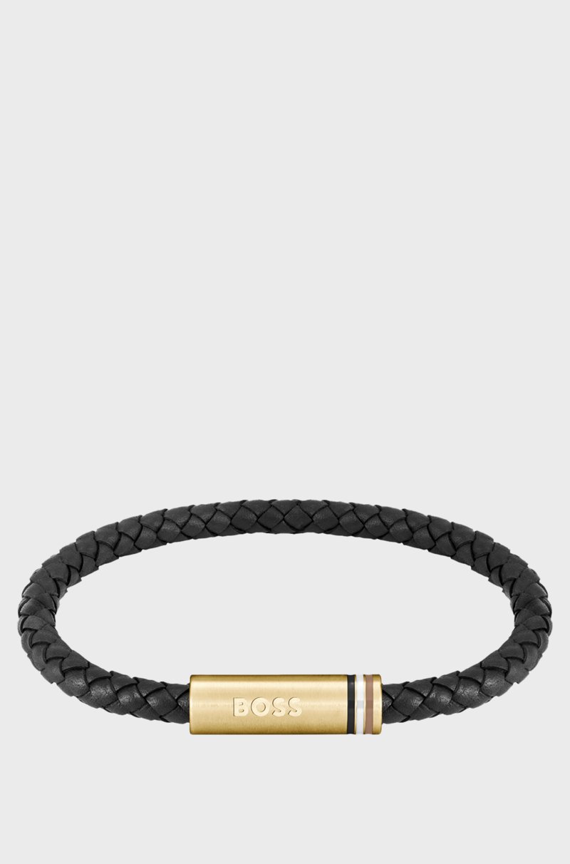 Hugo Boss Brazalete de piel trenzada negra con logo en el cierre magnético geométrico