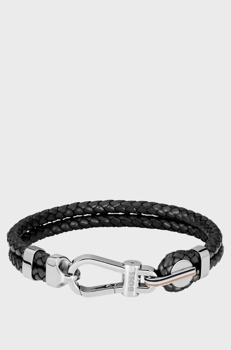 Hugo Boss Brazalete negro de piel trenzada con cierre de mosquetón plateado