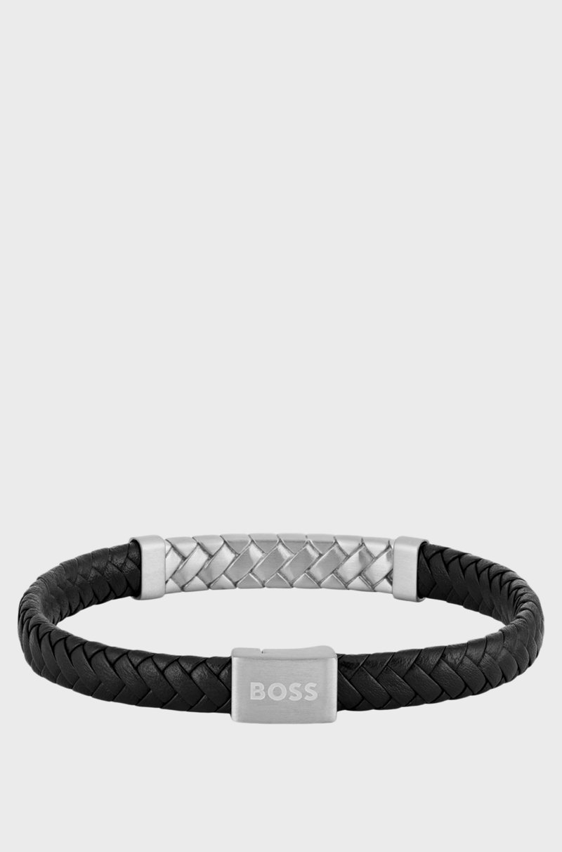 Hugo Boss Brazalete Negro De Piel Trenzada Con Herraje De Espiga