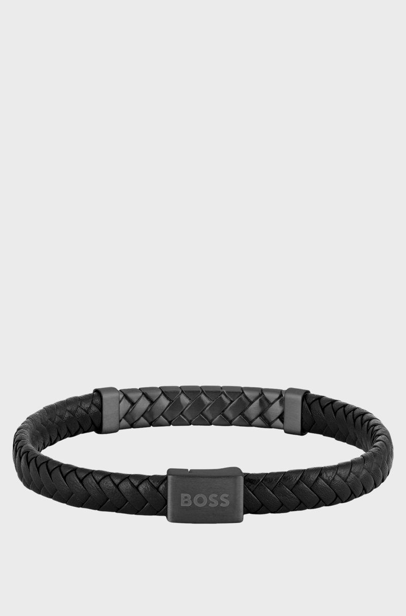 Hugo Boss Brazalete Negro De Piel Trenzada Con Herraje De Espiga
