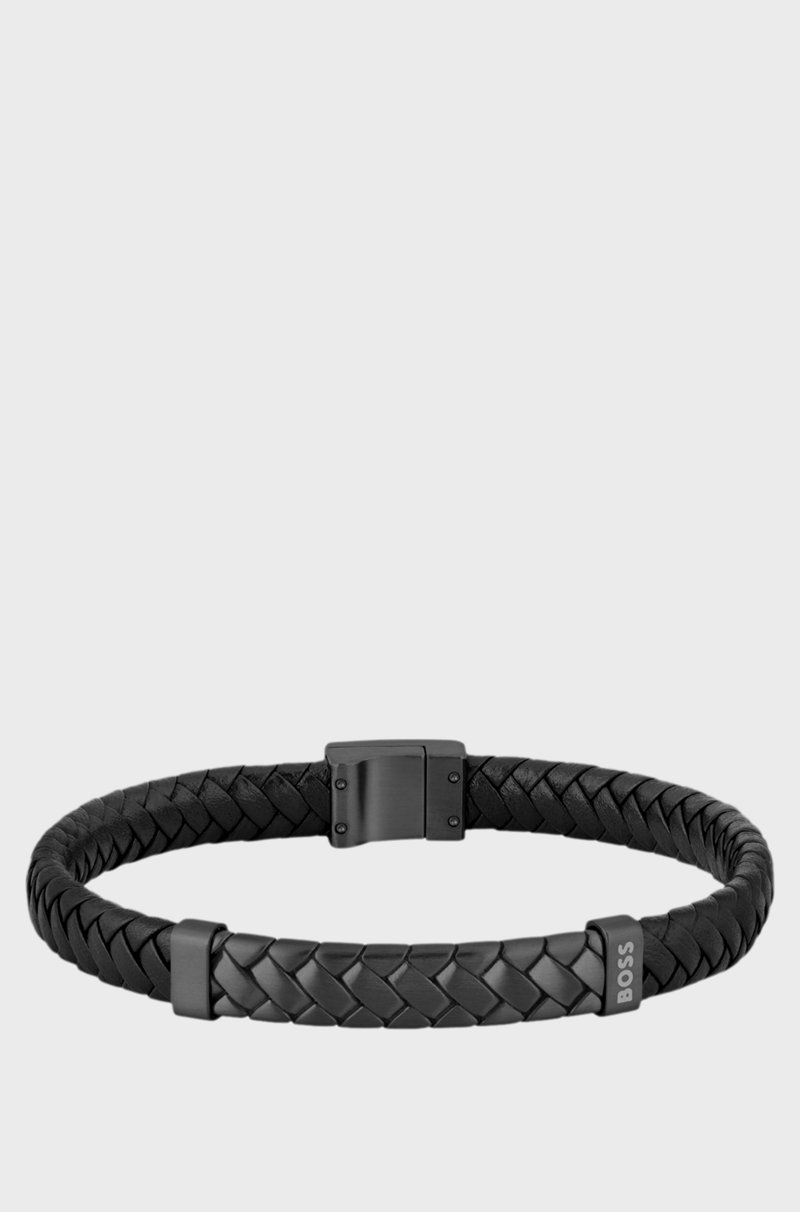 Hugo Boss Brazalete negro de piel trenzada con herraje de espiga