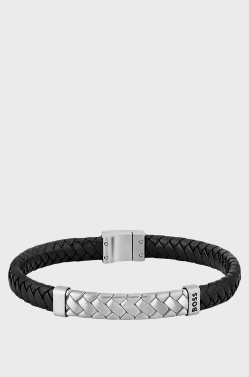 Hugo Boss Brazalete negro de piel trenzada con herraje de espiga