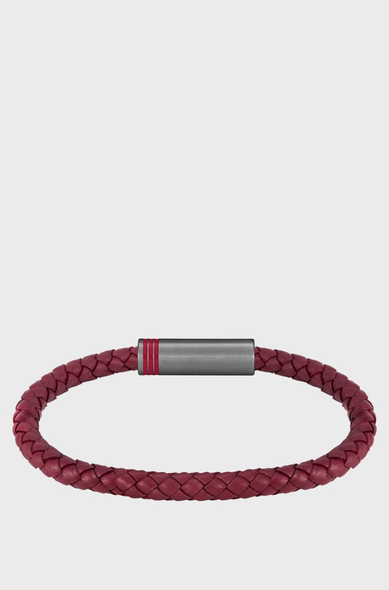 Hugo Boss Brazalete Rojo De Piel Trenzada Con Logo En El Cierre Magnético Geométrico