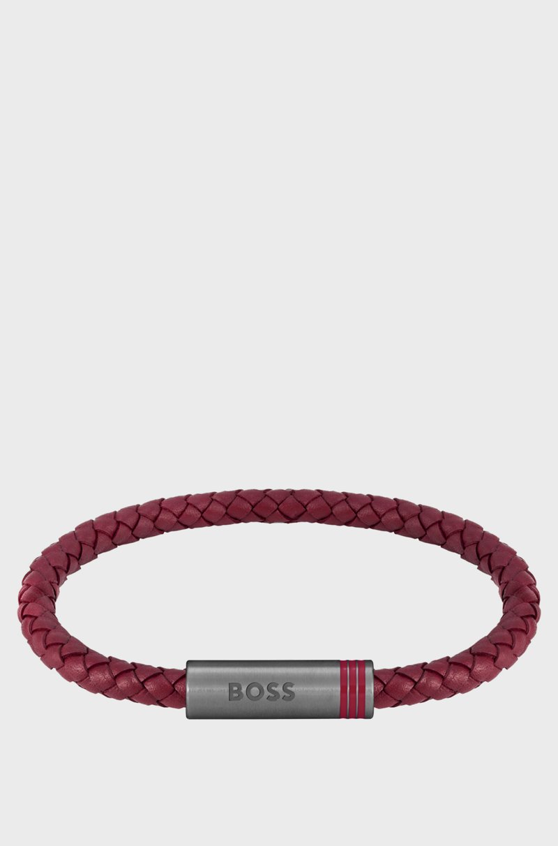 Hugo Boss Brazalete rojo de piel trenzada con logo en el cierre magnético geométrico