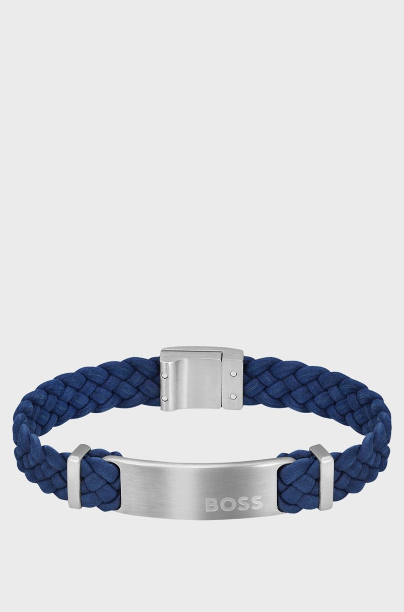 Hugo Boss Brazalete trenzado de ante azul con placa de logo