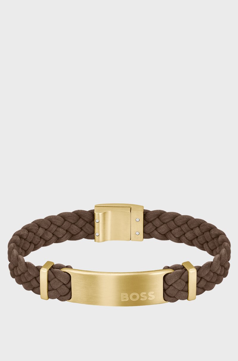 Hugo Boss Brazalete trenzado de ante marrón con placa de logo