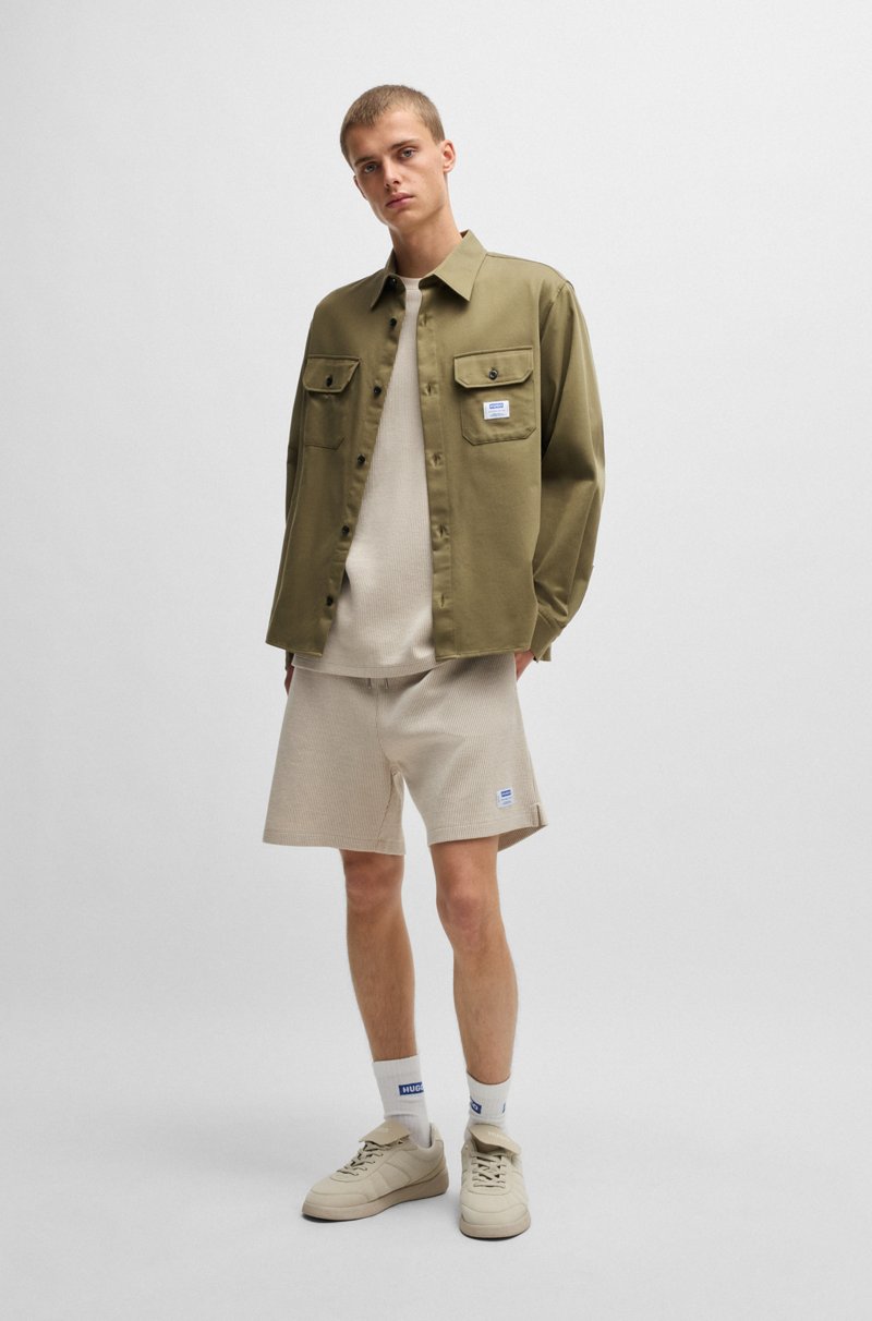 Hugo Boss Camisa De Sarga De Algodón Con Etiqueta Con Logo