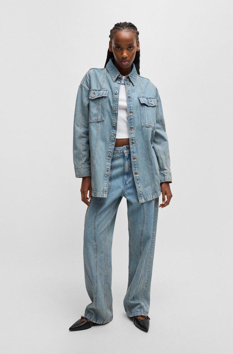 Hugo Boss Camisa Larga En Denim Azul Con Bolsillos Cosidos