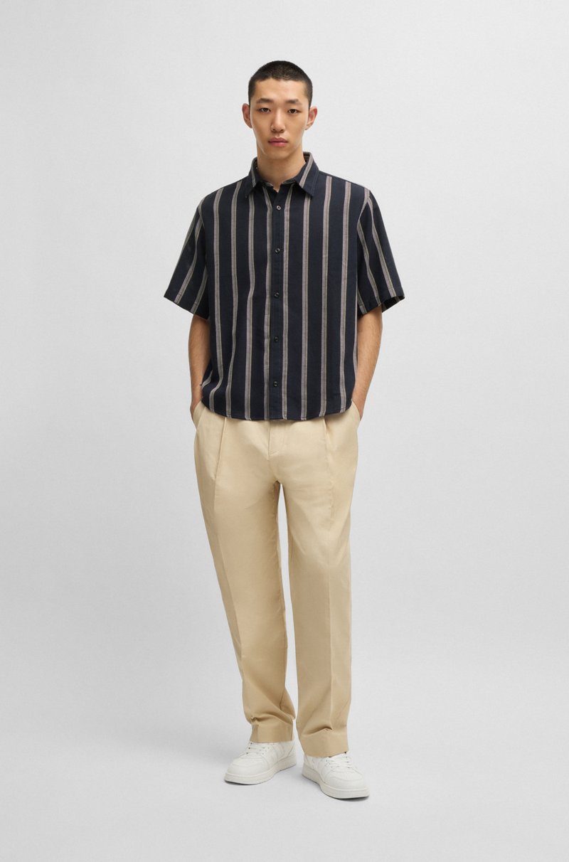 Hugo Boss Camisa Loose Fit A Rayas En Algodón De Trama Abierta