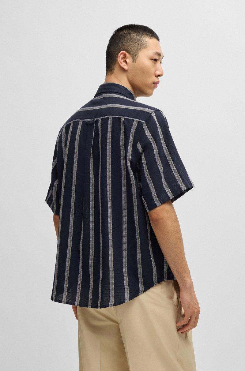 Hugo Boss Camisa Loose Fit A Rayas En Algodón De Trama Abierta