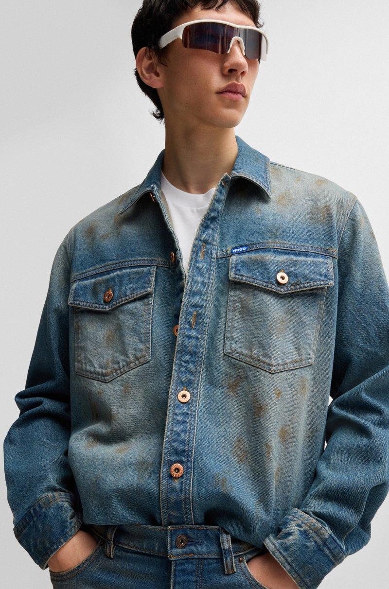 Hugo Boss Camisa Loose Fit En Denim Azul Con Efecto Usado