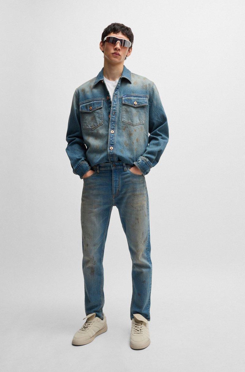 Hugo Boss Camisa Loose Fit En Denim Azul Con Efecto Usado