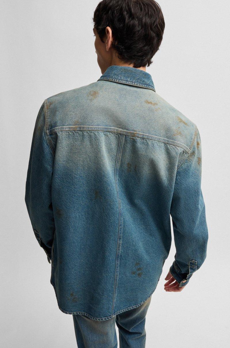 Hugo Boss Camisa Loose Fit En Denim Azul Con Efecto Usado
