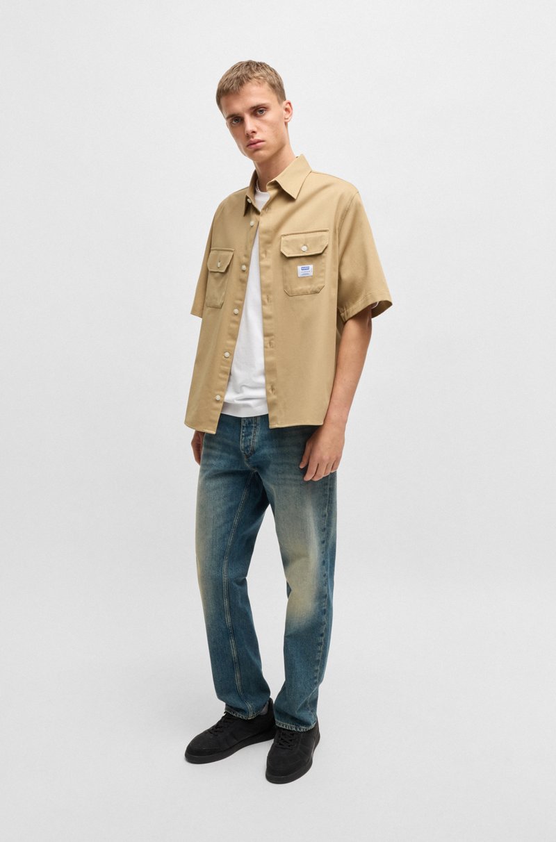 Hugo Boss Camisa Oversize Fit En Sarga De Algodón Con Parche De Logo