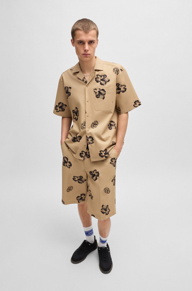 Hugo Boss Camisa Relaxed Fit En Algodón Elástico Con Estampado De Hibisco