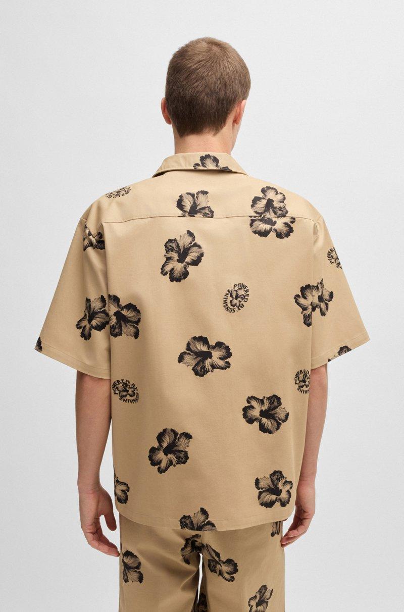 Hugo Boss Camisa Relaxed Fit En Algodón Elástico Con Estampado De Hibisco