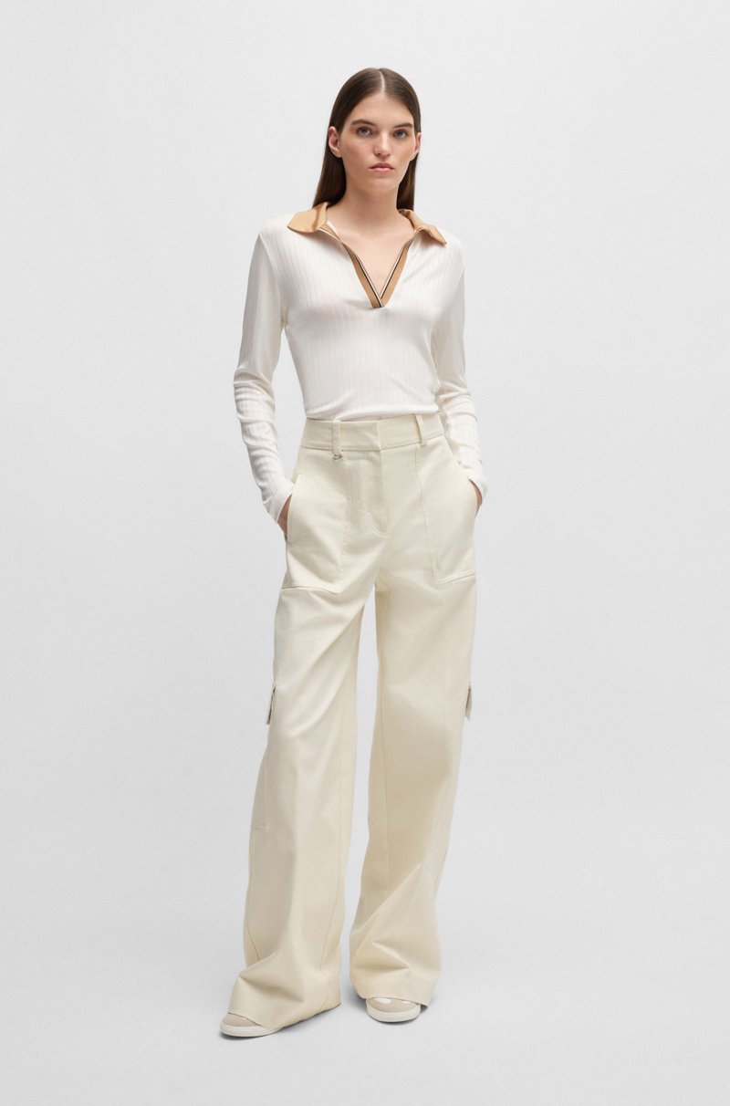 Hugo Boss Camiseta De Manga Larga Con Cuello Abierto Y Rayas De La Marca