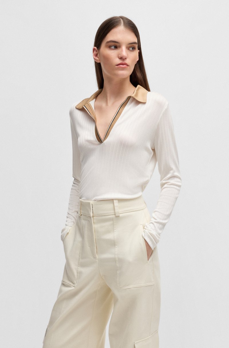 Hugo Boss Camiseta de manga larga con cuello abierto y rayas de la marca