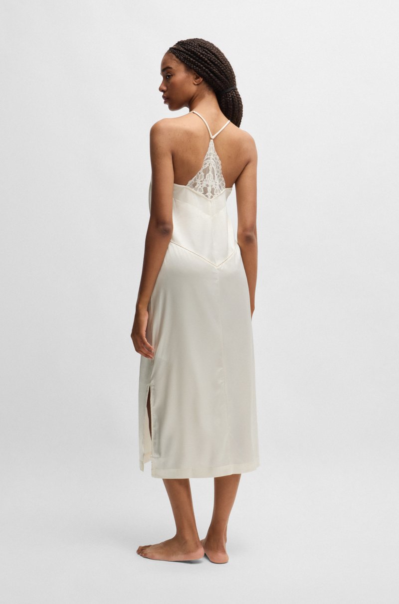 Hugo Boss Camisón Largo De Satén Con Ribetes De Encaje