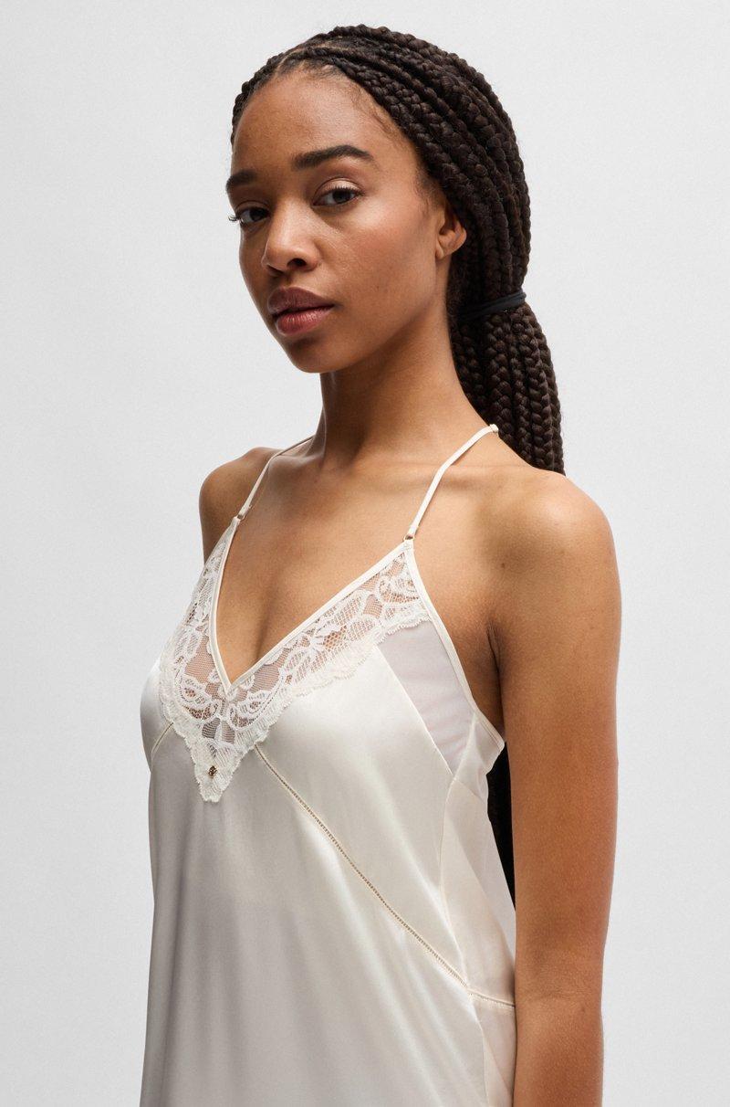 Hugo Boss Camisón Largo De Satén Con Ribetes De Encaje