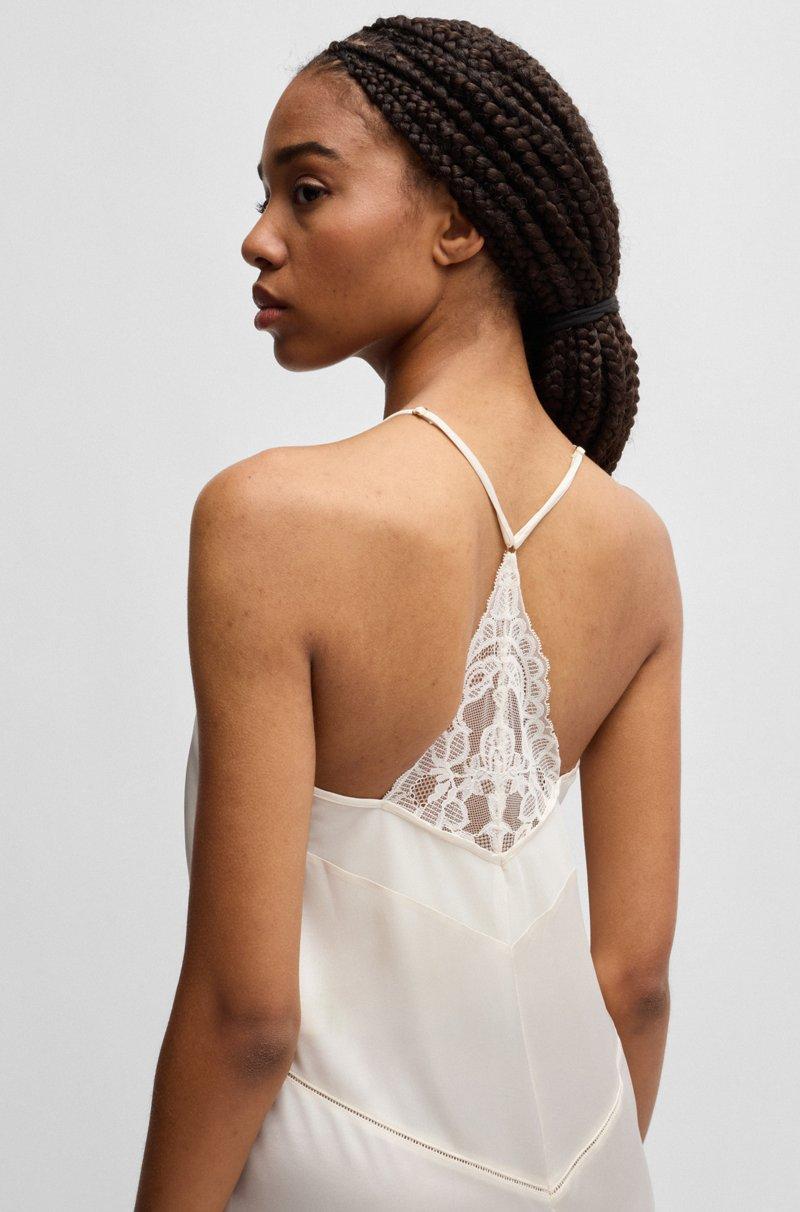 Hugo Boss Camisón Largo De Satén Con Ribetes De Encaje