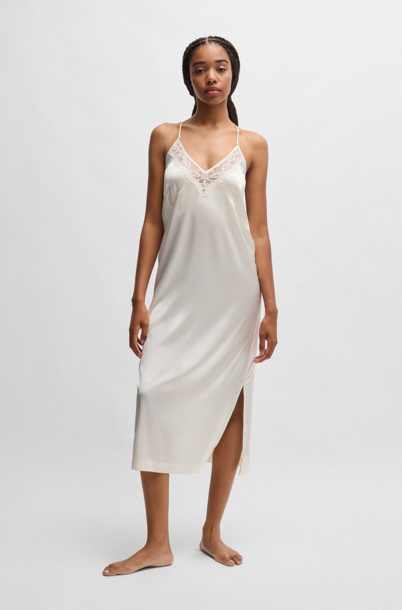 Hugo Boss Camisón largo de satén con ribetes de encaje