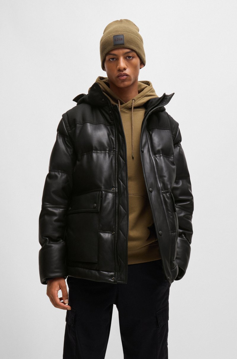 Hugo Boss Chaqueta acolchada de piel con capucha y mangas desmontables